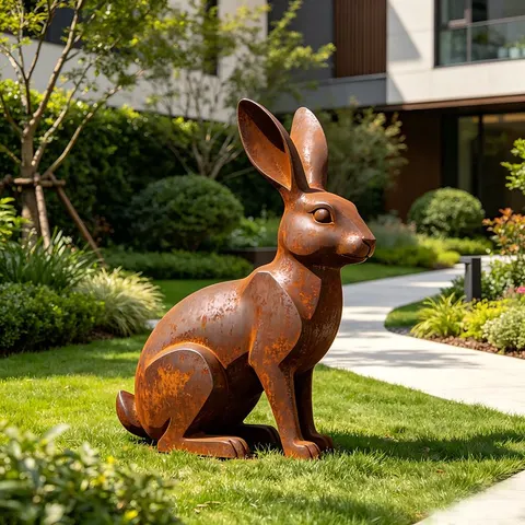 Sculpture Lièvre aux aguets en acier corten