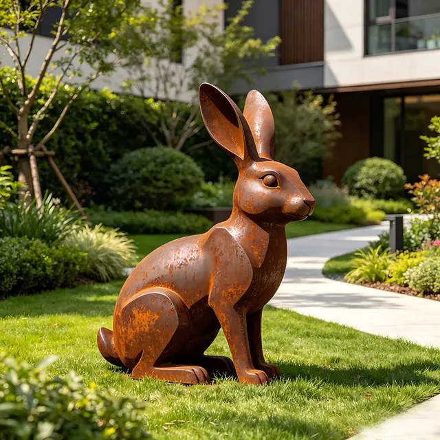 Sculpture Lièvre aux aguets en acier corten