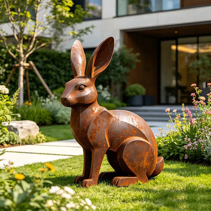 Sculpture Lièvre en acier corten, sculpture de jardin en acier corten