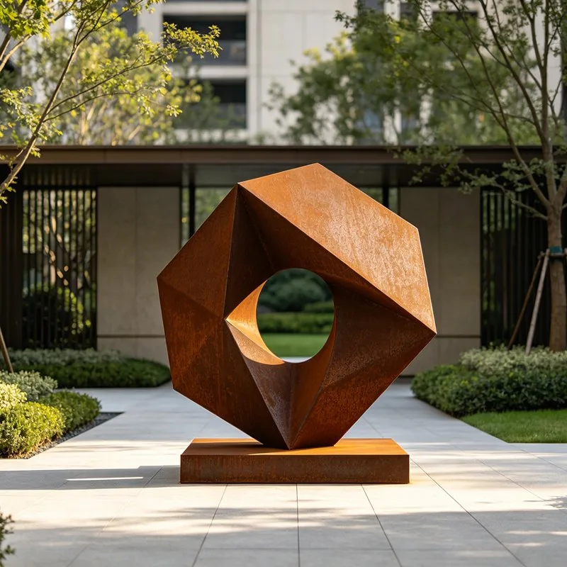 Sculpture Polyèdre en acier corten, sculpture de jardin en acier corten