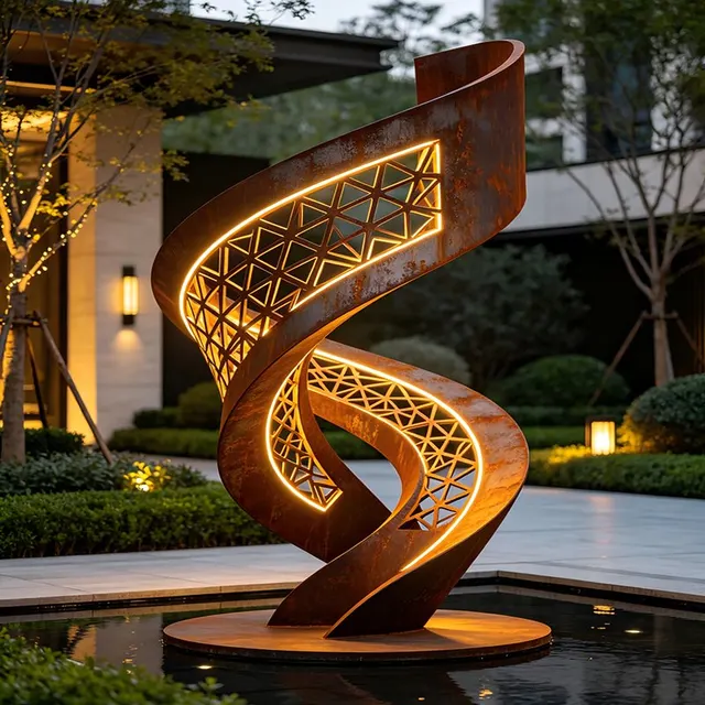 Sculpture Spirale lumineuse en acier corten