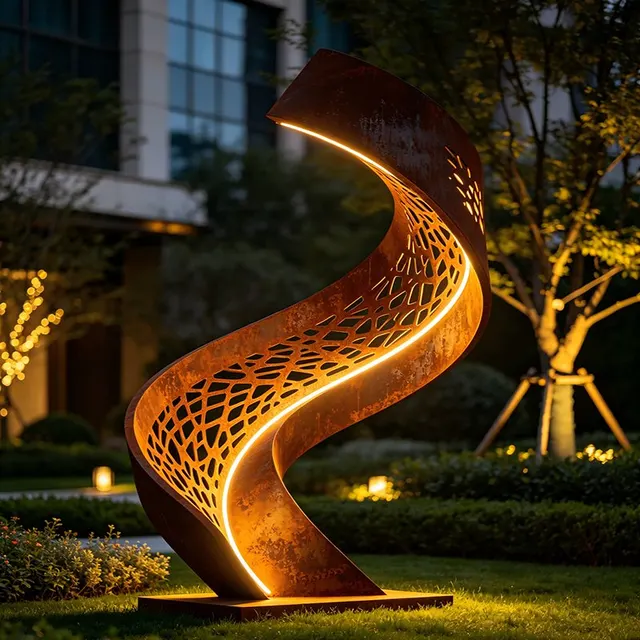 Sculpture Vague lumineuse en acier corten